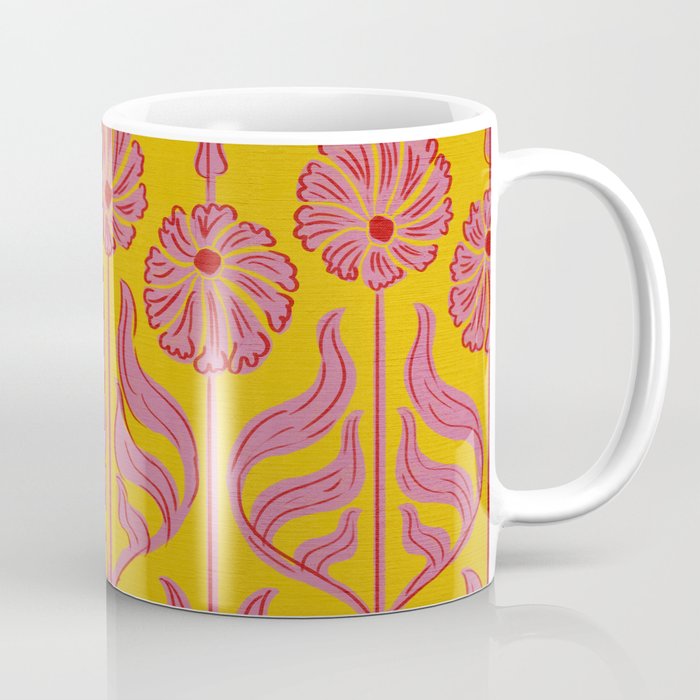 Art Deco Chic: Pink Flowers on Mustard Yellow Coffee Mug Gallery Image 1