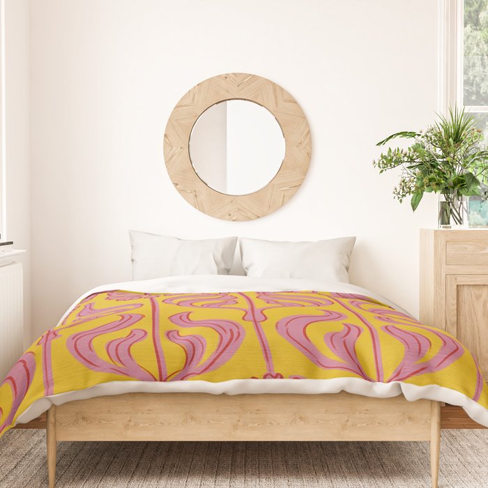 Art Deco Chic: Pink Flowers on Mustard Yellow Duvet Cover Gallery Image 3