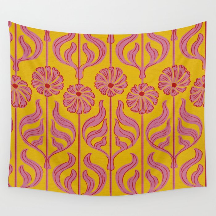 Art Deco Chic: Pink Flowers on Mustard Yellow Wall Tapestry Gallery Image 1