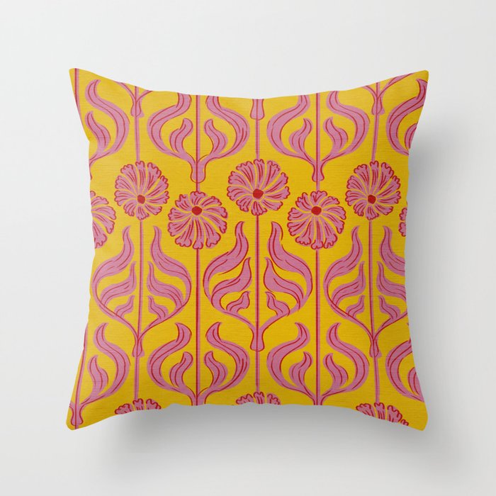 Art Deco Chic: Pink Flowers on Mustard Yellow Throw Pillow Gallery Image 1