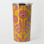 Art Deco Chic: Pink Flowers on Mustard Yellow Travel Mug Gallery Image 1