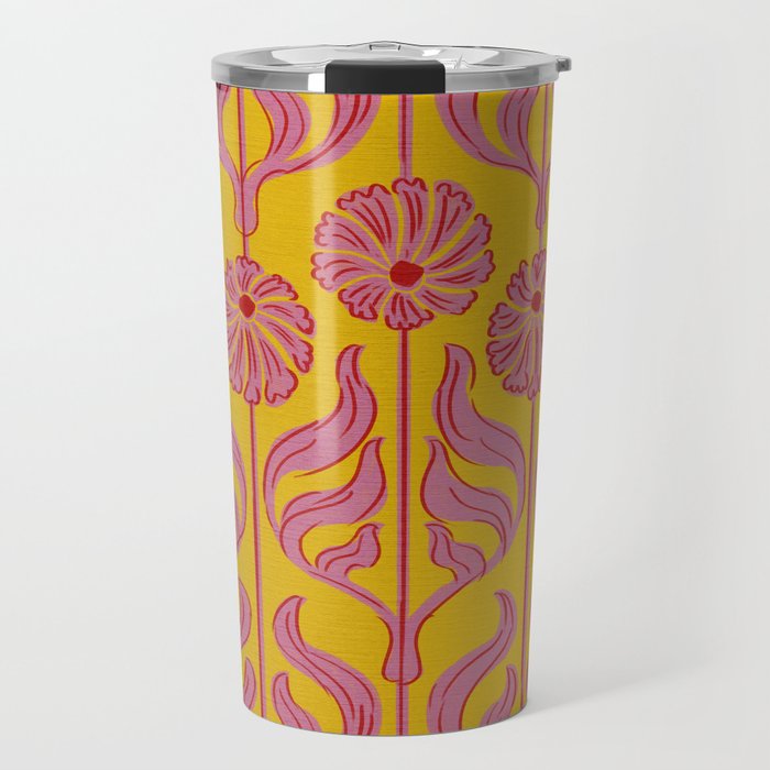 Art Deco Chic: Pink Flowers on Mustard Yellow Travel Mug Gallery Image 1