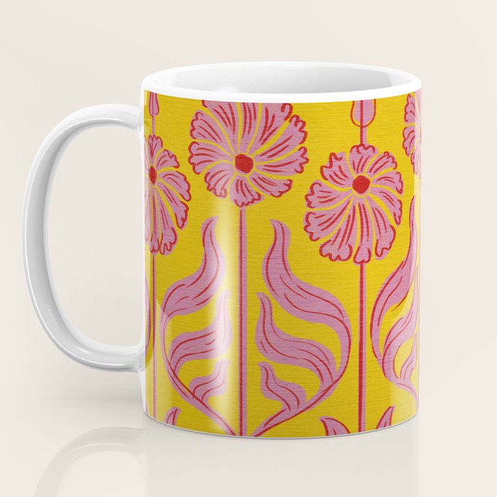 Art Deco Chic: Pink Flowers on Mustard Yellow Coffee Mug Gallery Image 3