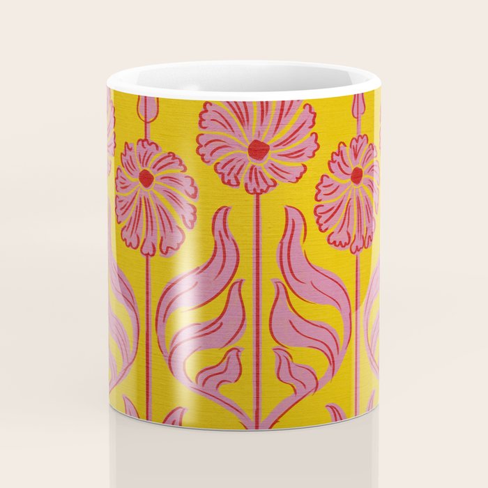 Art Deco Chic: Pink Flowers on Mustard Yellow Coffee Mug Gallery Image 4