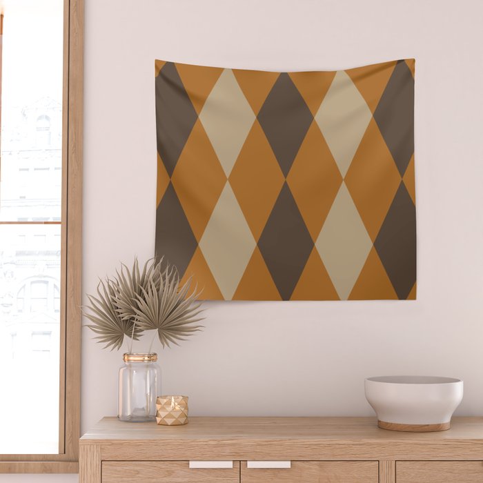 Retro Argyle Diamond Pattern Brown Caramel Wall Tapestry Gallery Image 2