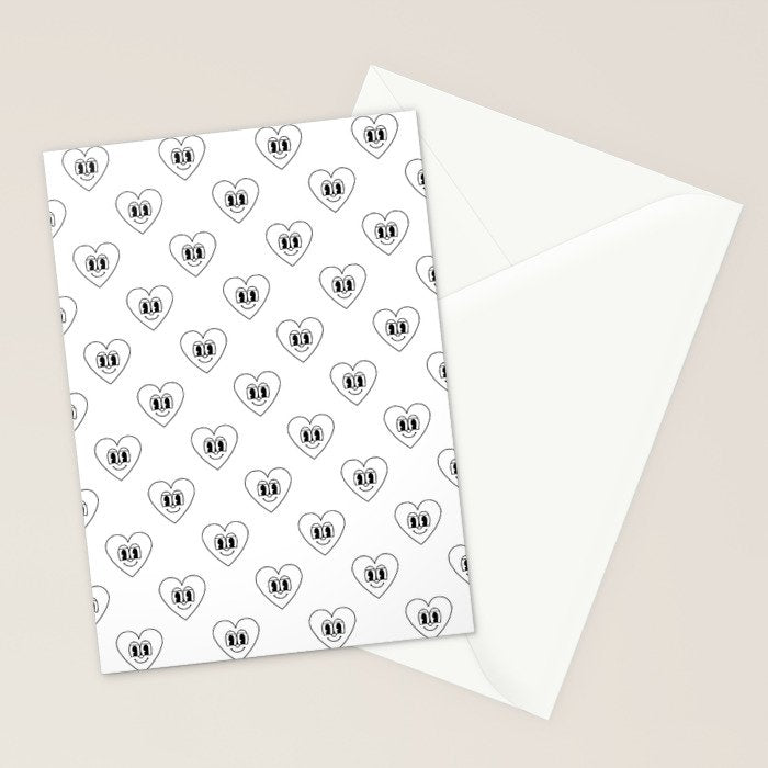 Black and white retro love heart cartoon pattern Stationery Card Gallery Image 2