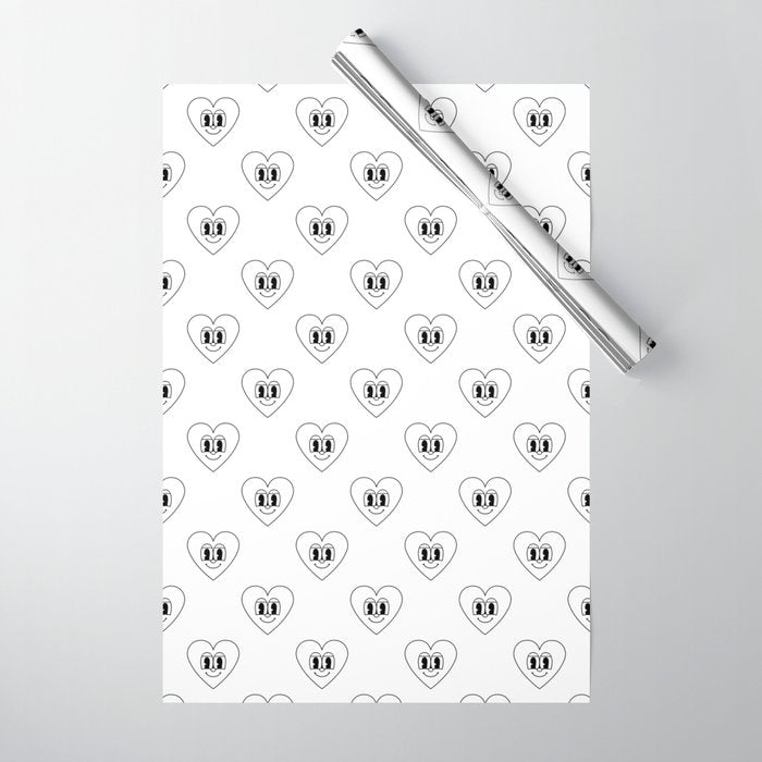 Black and white retro love heart cartoon pattern Wrapping Paper Gallery Image 1