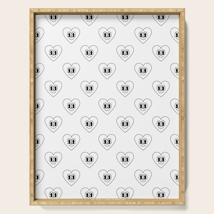 Black and white retro love heart cartoon pattern Serving Tray Gallery Image 1