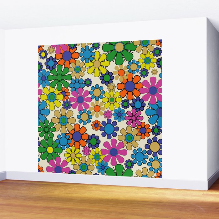 Groovy Retro Garden Flowers 60s 70s Vibrant Colorful Floral Pattern Wall Mural Gallery Image 2