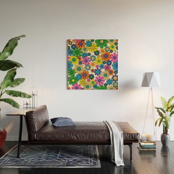Groovy Retro Garden Flowers 60s 70s Vibrant Colorful Floral Pattern Wood Wall Art Gallery Image 2