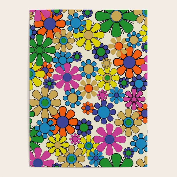 Groovy Retro Garden Flowers 60s 70s Vibrant Colorful Floral Pattern Poster Gallery Image 1