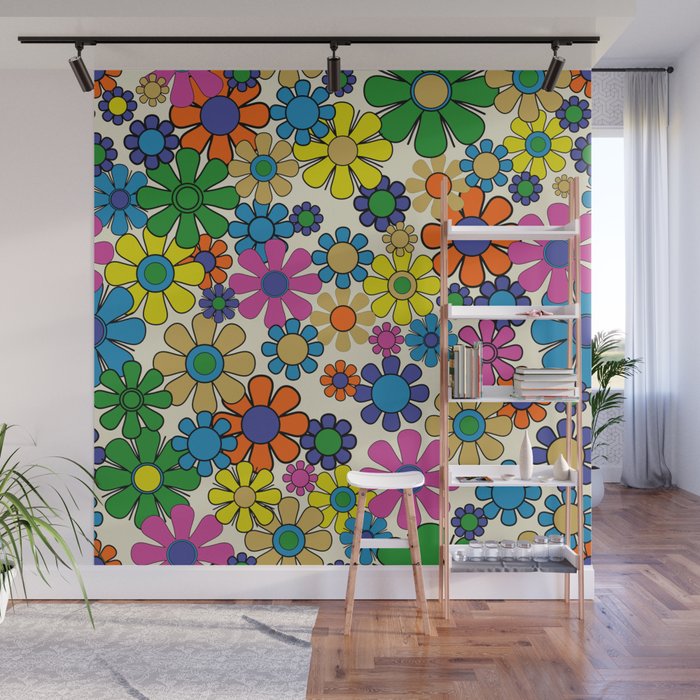 Groovy Retro Garden Flowers 60s 70s Vibrant Colorful Floral Pattern Wall Mural Gallery Image 1