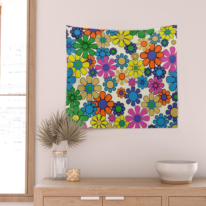 Groovy Retro Garden Flowers 60s 70s Vibrant Colorful Floral Pattern Wall Tapestry Gallery Image 2