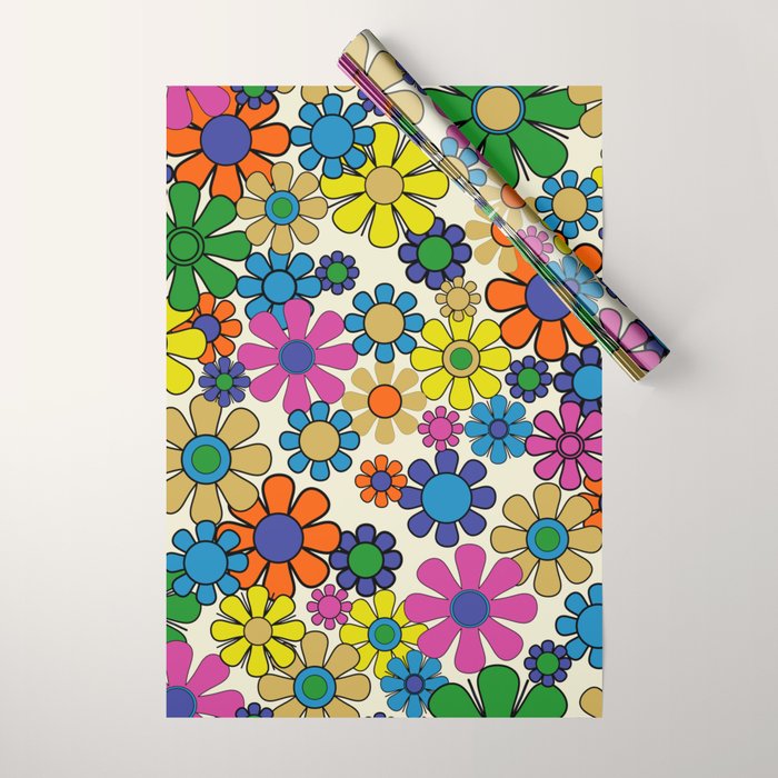 Groovy Retro Garden Flowers 60s 70s Vibrant Colorful Floral Pattern Wrapping Paper Gallery Image 1