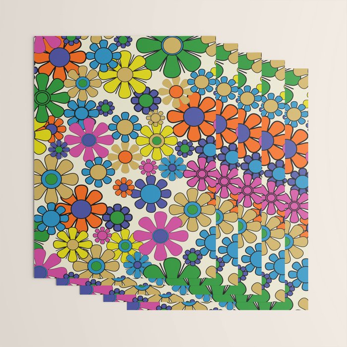 Groovy Retro Garden Flowers 60s 70s Vibrant Colorful Floral Pattern Wrapping Paper Gallery Image 3