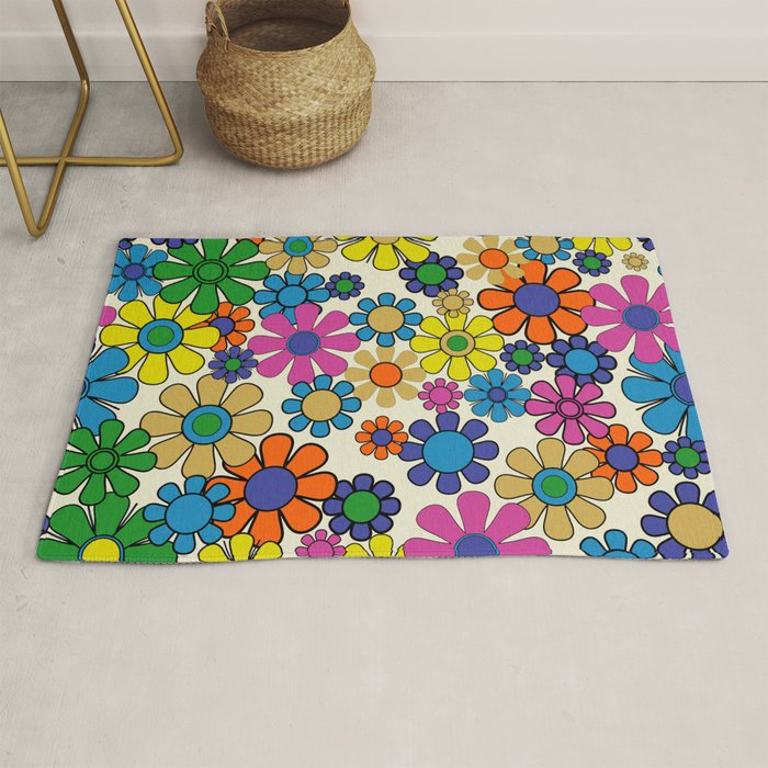 Groovy Retro Garden Flowers 60s 70s Vibrant Colorful Floral Pattern Rug Gallery Image 1
