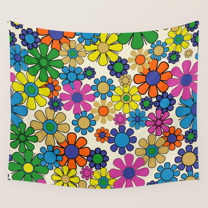 Groovy Retro Garden Flowers 60s 70s Vibrant Colorful Floral Pattern Wall Tapestry Gallery Image 1