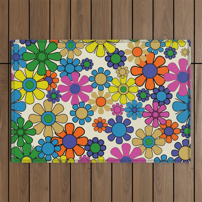 Groovy Retro Garden Flowers 60s 70s Vibrant Colorful Floral Pattern Outdoor Rug Gallery Image 1