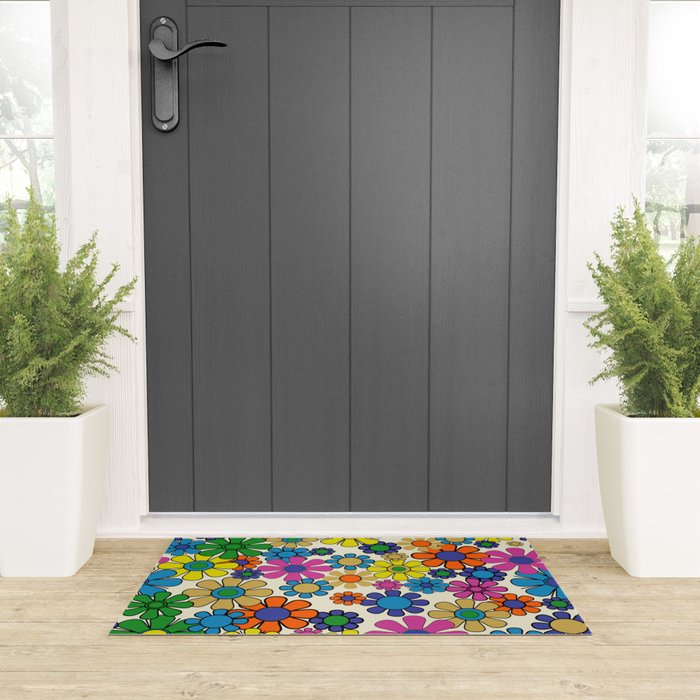Groovy Retro Garden Flowers 60s 70s Vibrant Colorful Floral Pattern Welcome Mat Gallery Image 3