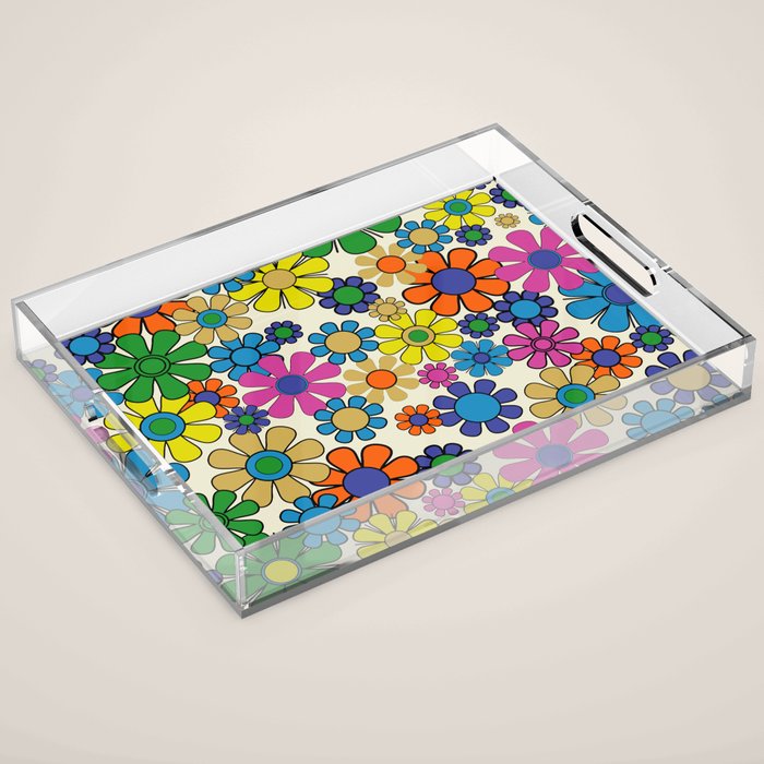 Groovy Retro Garden Flowers 60s 70s Vibrant Colorful Floral Pattern Acrylic Tray Gallery Image 1
