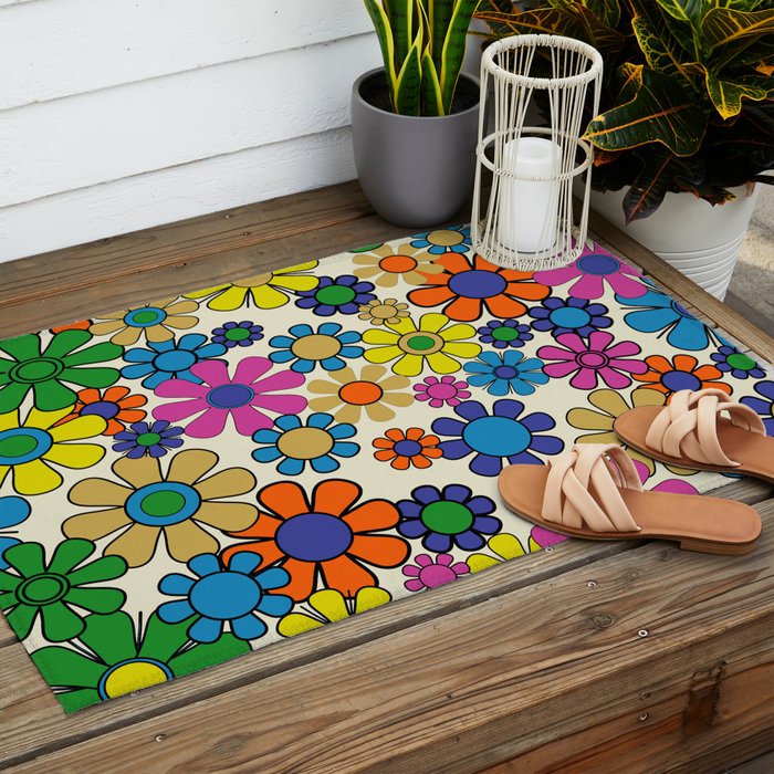 Groovy Retro Garden Flowers 60s 70s Vibrant Colorful Floral Pattern Outdoor Rug Gallery Image 2