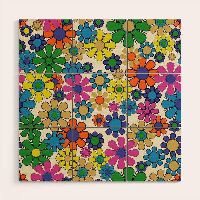 Groovy Retro Garden Flowers 60s 70s Vibrant Colorful Floral Pattern Wood Wall Art Gallery Image 1