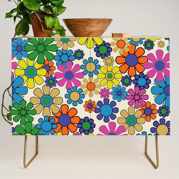 Groovy Retro Garden Flowers 60s 70s Vibrant Colorful Floral Pattern Credenza Gallery Image 1