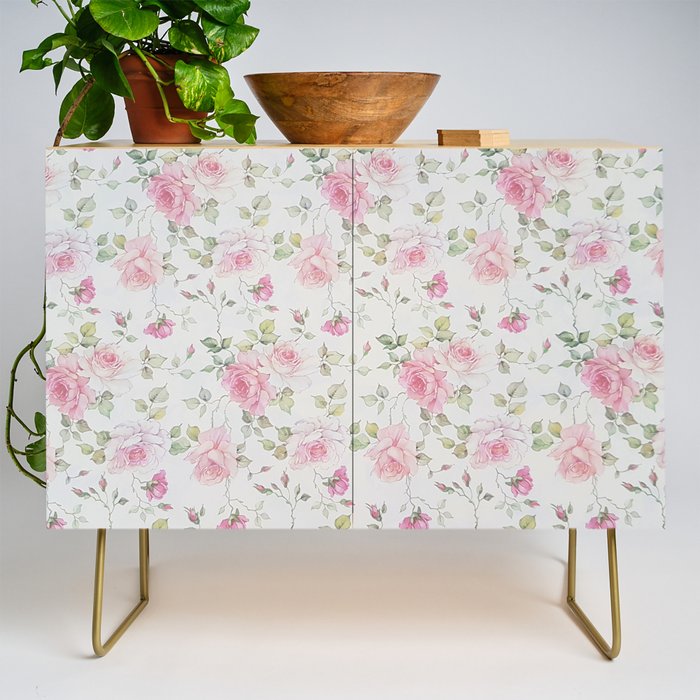 Elegant blush pink white vintage rose floral Credenza Gallery Image 1