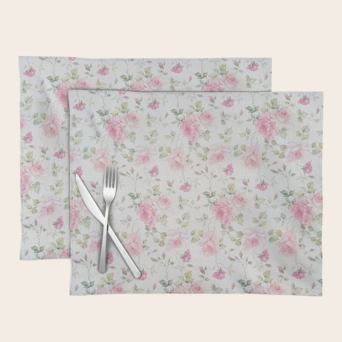 Elegant blush pink white vintage rose floral Placemat Gallery Image 1