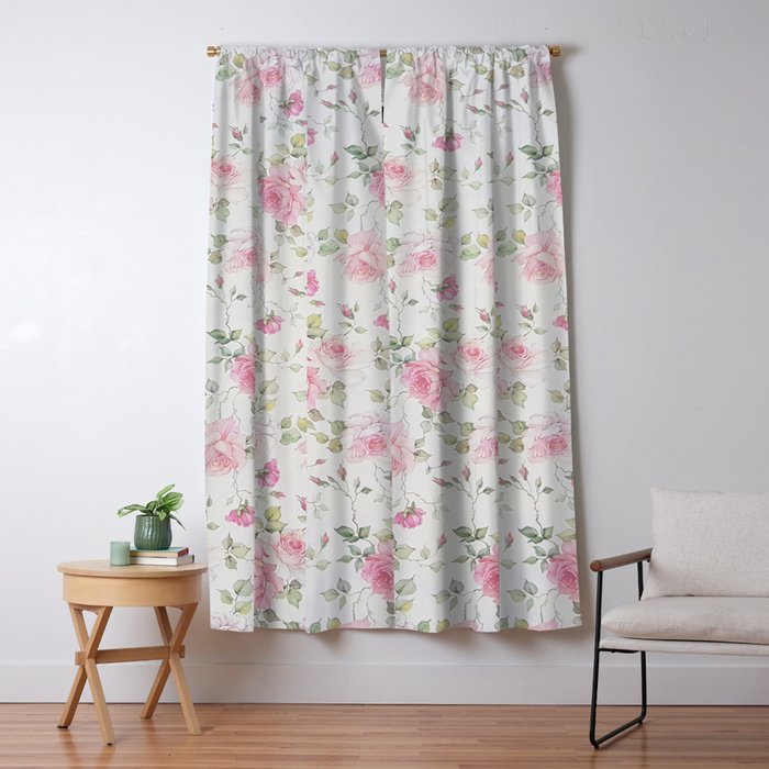 Elegant blush pink white vintage rose floral Window Curtain Gallery Image 1