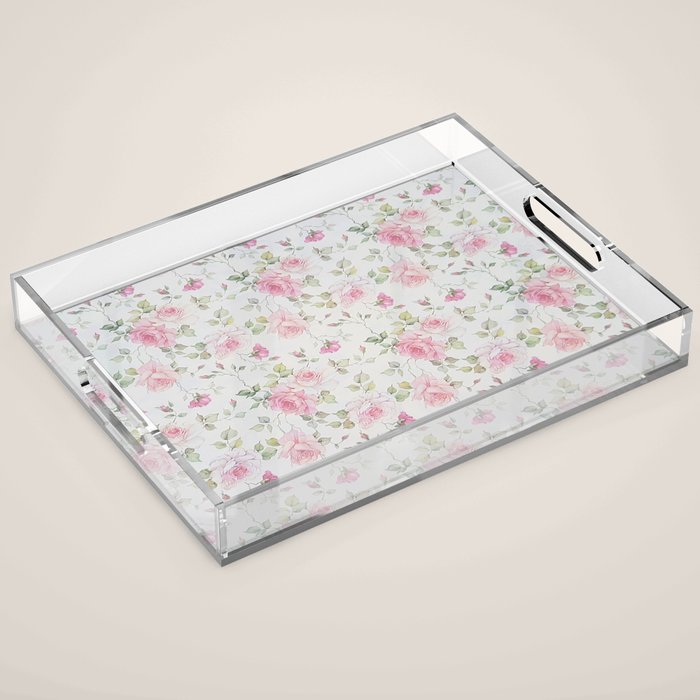 Elegant blush pink white vintage rose floral Acrylic Tray Gallery Image 1