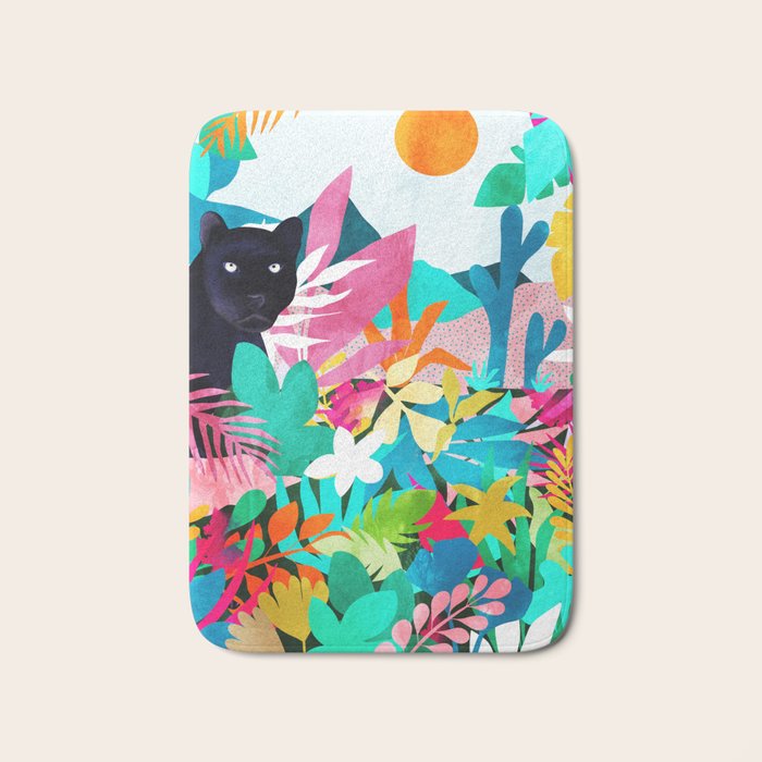 The Black Panther, Tropical Jungle Watercolor Painting, Botanical Forest Colorful Bohemian Illustration, Tiger Leopard Cheetah Animals Bath Mat Gallery Image 1