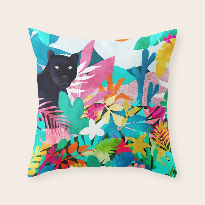 The Black Panther, Tropical Jungle Watercolor Painting, Botanical Forest Colorful Bohemian Illustration, Tiger Leopard Cheetah Animals Throw Pillow Gallery Image 6