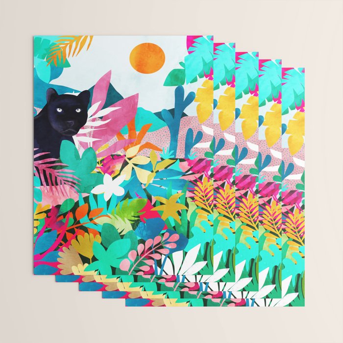 The Black Panther, Tropical Jungle Watercolor Painting, Botanical Forest Colorful Bohemian Illustration, Tiger Leopard Cheetah Animals Wrapping Paper Gallery Image 3
