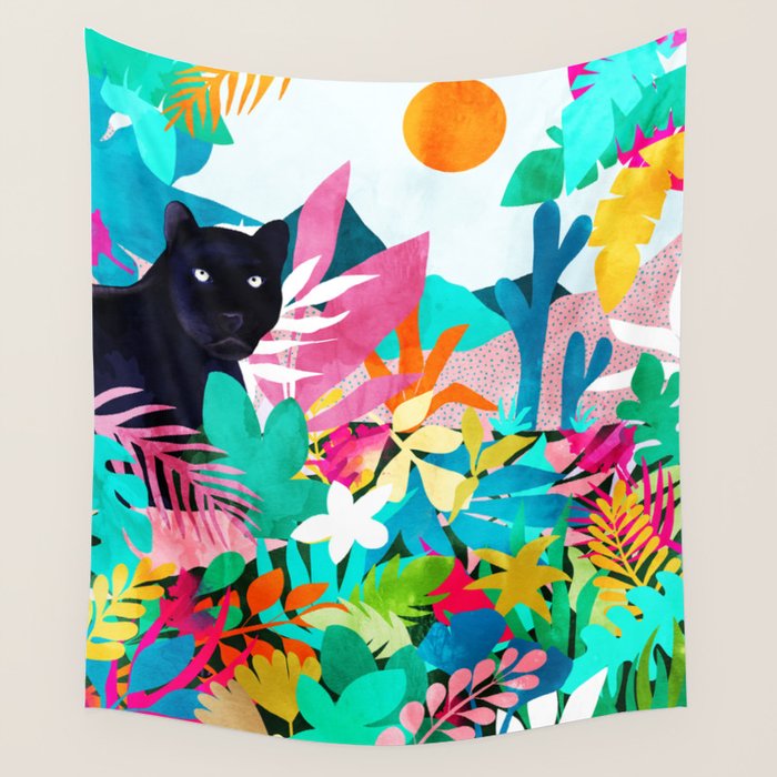 The Black Panther, Tropical Jungle Watercolor Painting, Botanical Forest Colorful Bohemian Illustration, Tiger Leopard Cheetah Animals Wall Tapestry Gallery Image 4
