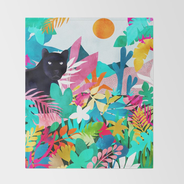 The Black Panther, Tropical Jungle Watercolor Painting, Botanical Forest Colorful Bohemian Illustration, Tiger Leopard Cheetah Animals Throw Blanket Gallery Image 2