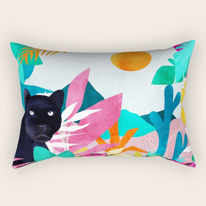 The Black Panther, Tropical Jungle Watercolor Painting, Botanical Forest Colorful Bohemian Illustration, Tiger Leopard Cheetah Animals Rectangular Pillow Gallery Image 1