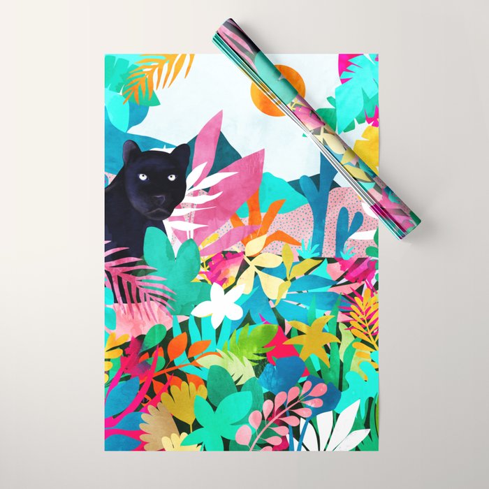 The Black Panther, Tropical Jungle Watercolor Painting, Botanical Forest Colorful Bohemian Illustration, Tiger Leopard Cheetah Animals Wrapping Paper Gallery Image 1