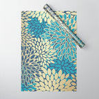 Christmas, Flower Garden, Gold and Blue, Floral Prints Wrapping Paper Gallery Image 1