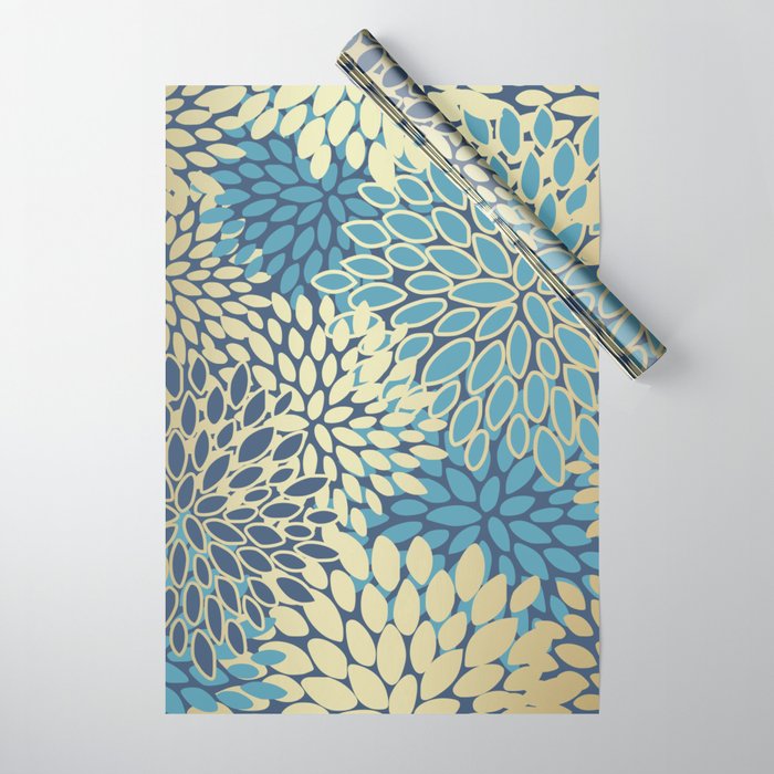 Christmas, Flower Garden, Gold and Blue, Floral Prints Wrapping Paper Gallery Image 1