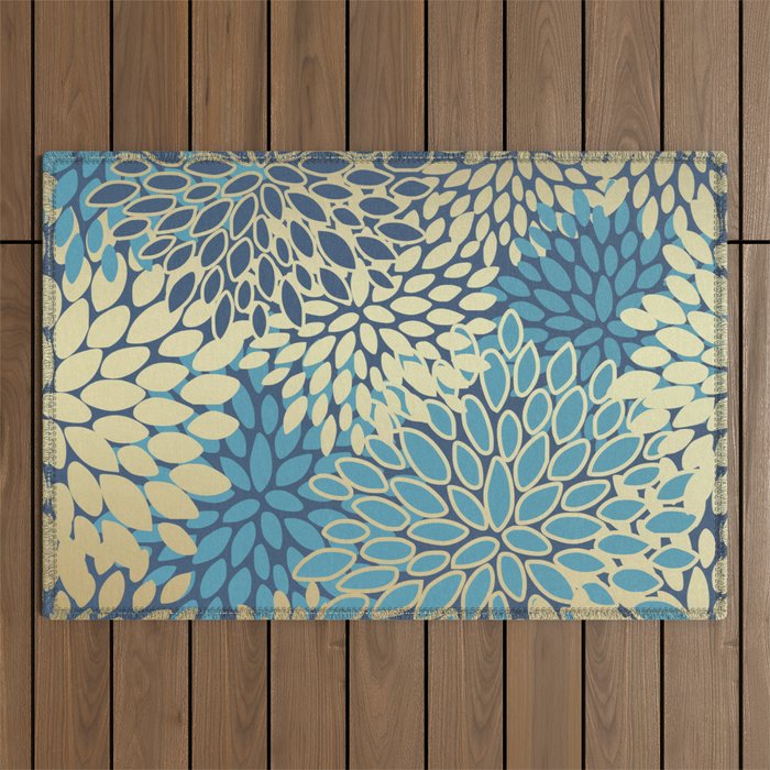 Christmas, Flower Garden, Gold and Blue, Floral Prints Outdoor Rug Gallery Image 1