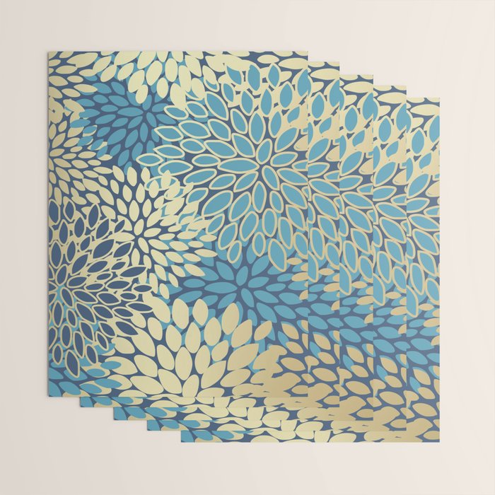 Christmas, Flower Garden, Gold and Blue, Floral Prints Wrapping Paper Gallery Image 3
