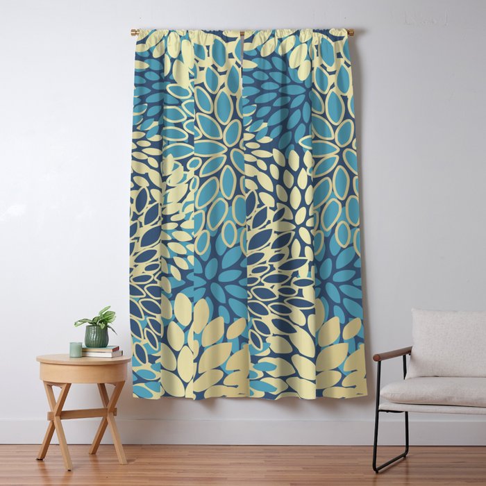 Christmas, Flower Garden, Gold and Blue, Floral Prints Window Curtain Gallery Image 1