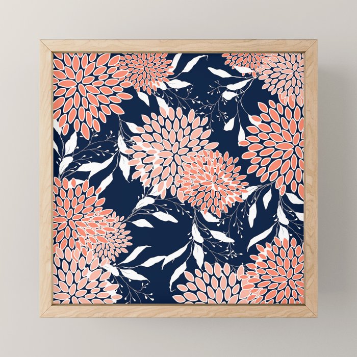 Floral Blooms and Leaves, Navy, Coral and White Mini Art Print Gallery Image 1