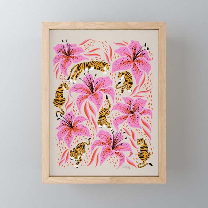 Tigers & Tiger Lilies - Pink & Yellow Mini Art Print Gallery Image 1