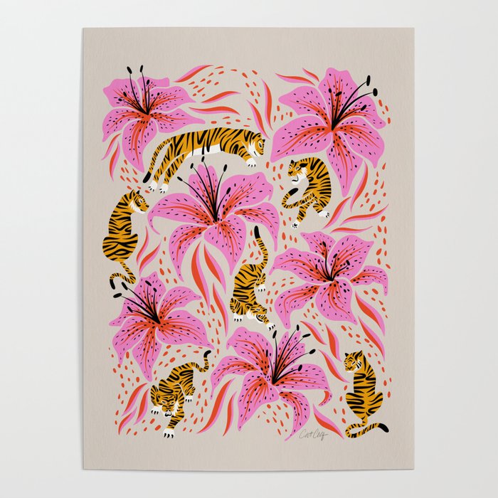 Tigers & Tiger Lilies - Pink & Yellow Poster Gallery Image 4