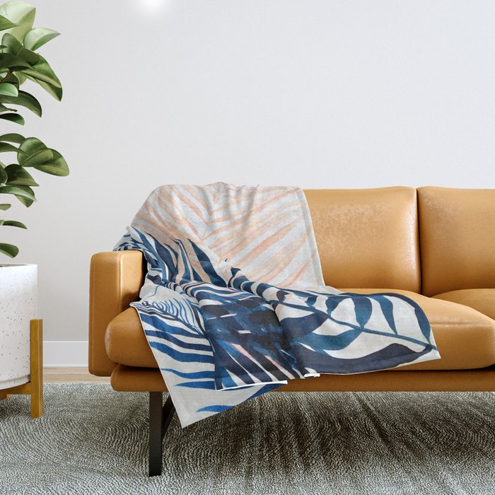 Palm tree, coastal watercolor, pink navy Throw Blanket Gallery Image 1