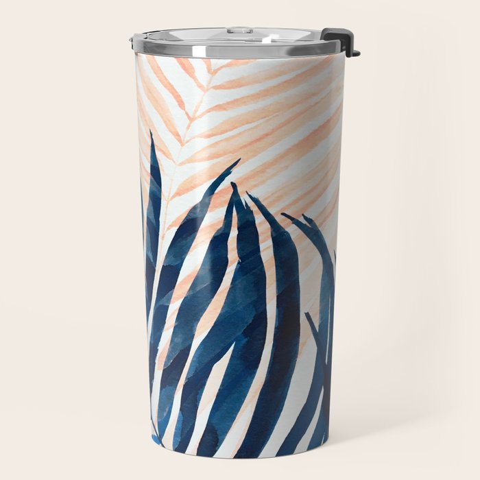 Palm tree, coastal watercolor, pink navy Travel Mug Gallery Image 2