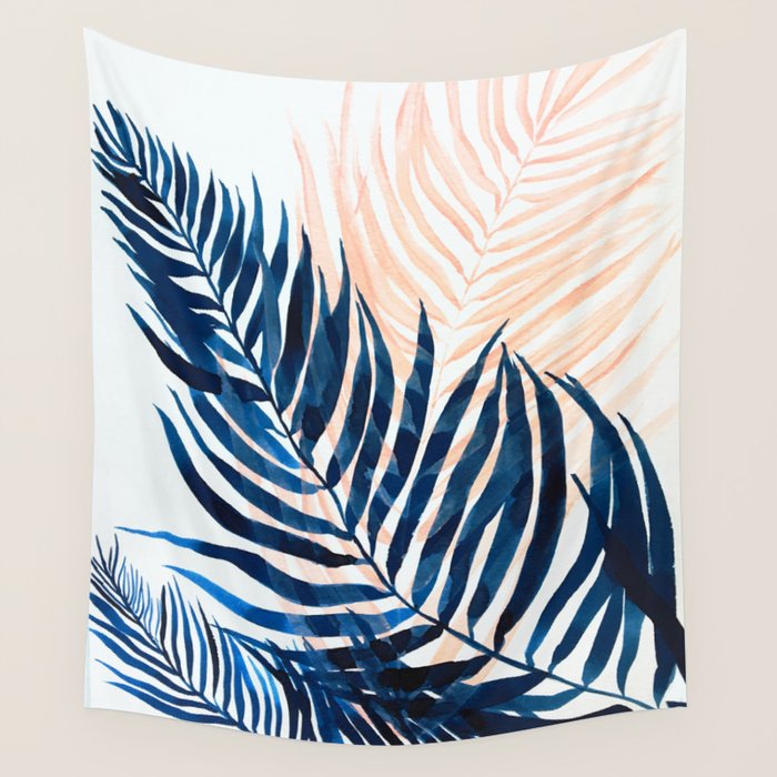 Palm tree, coastal watercolor, pink navy Wall Tapestry Gallery Image 4