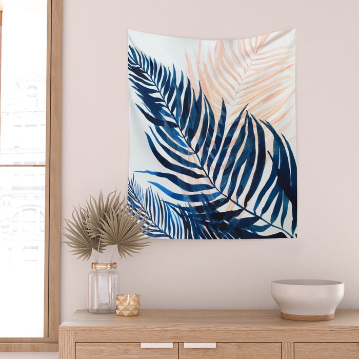 Palm tree, coastal watercolor, pink navy Wall Tapestry Gallery Image 2